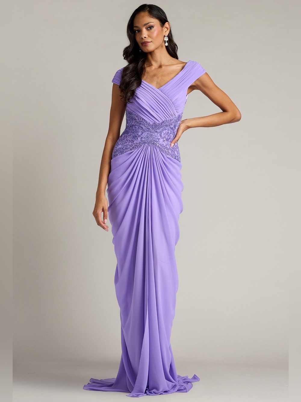 Tadashi Shoji Mihaley Lavender Mist Embroidered Waist Drape Maxi Gown Dress $538 - Picture 6 of 11